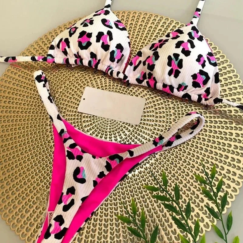 Womens Bikini Split Print Swimwear G String Beach Holiday