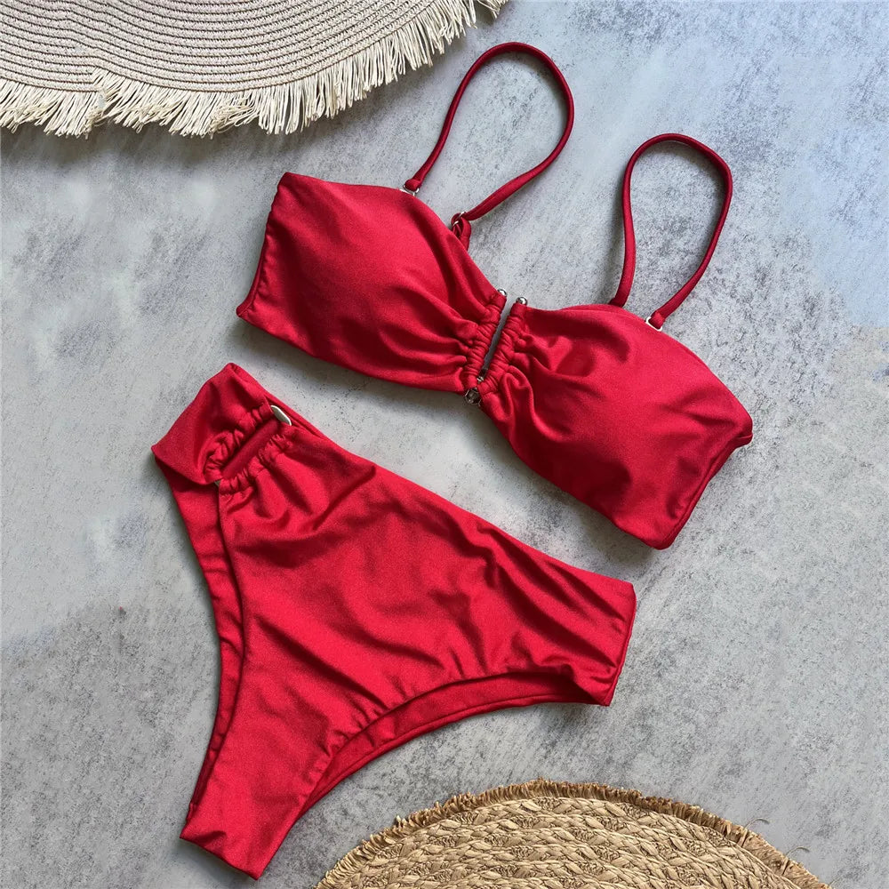 Brown Shiny U Shaped Bikini High Waist Swimsuit Women 2025