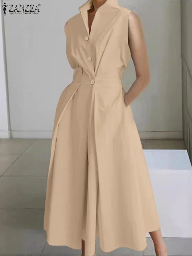 Women High Waist Midi Shirt Dress in Polyester Short Sleeve