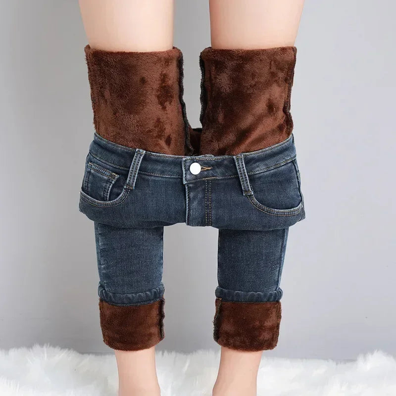 Women Thermal Skinny Jeans Winter Warm Fleece Denim Pants