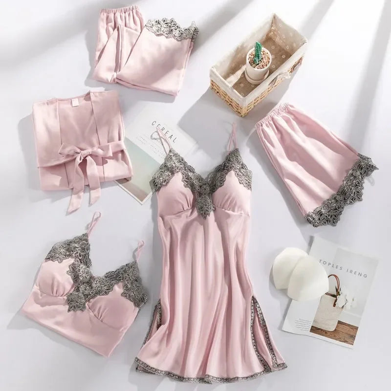 Five Piece Lace Satin Pajamas Set With V Neck For Women