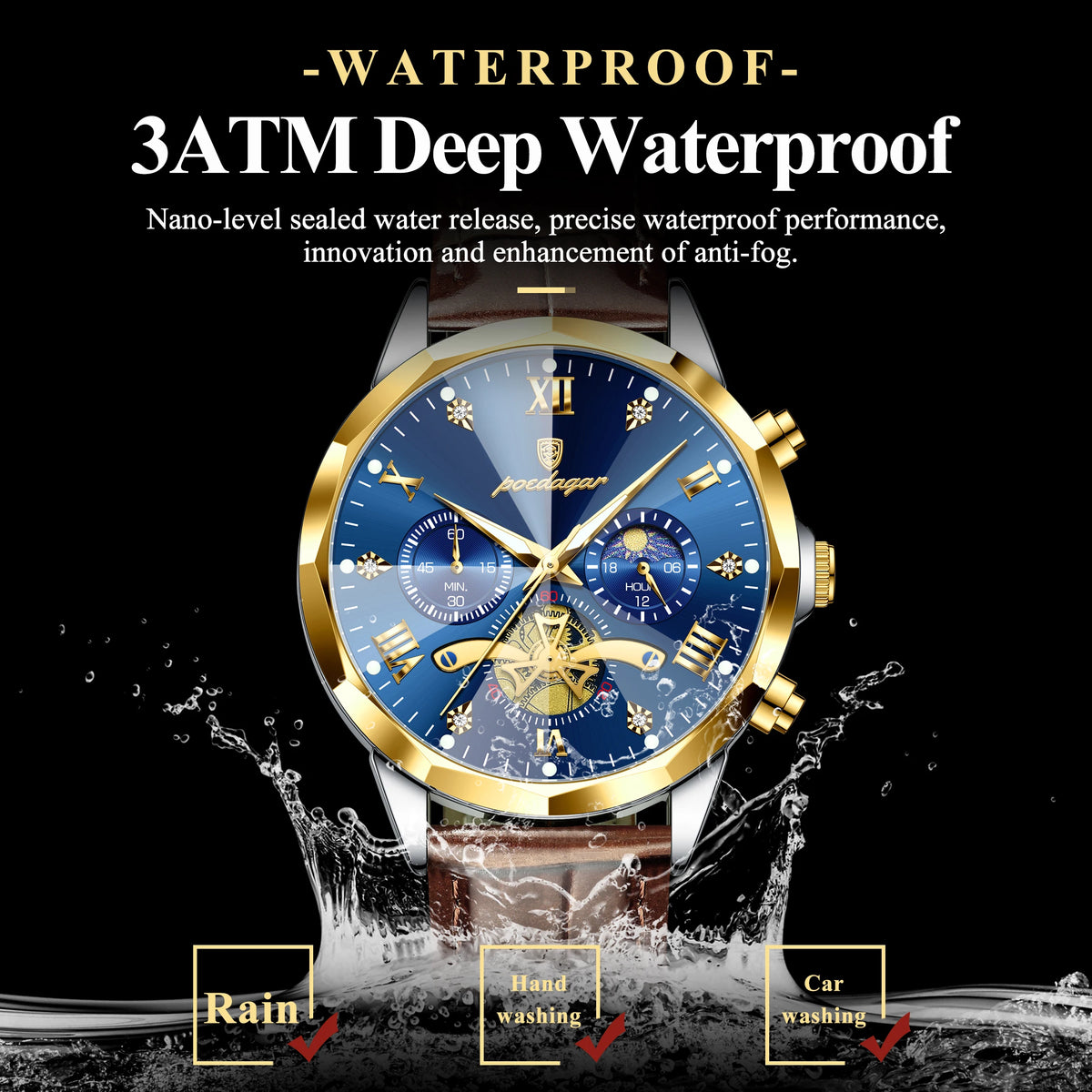 POEDAGAR Men Wristwatch Quartz Waterproof Chronograph