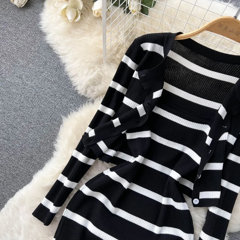 Korean Patchwork Striped Spaghetti Strap Dress Cardigan Set