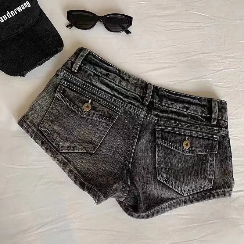 Y2K Denim Mini Shorts Women Low Rise Button Fly Gyaru Style