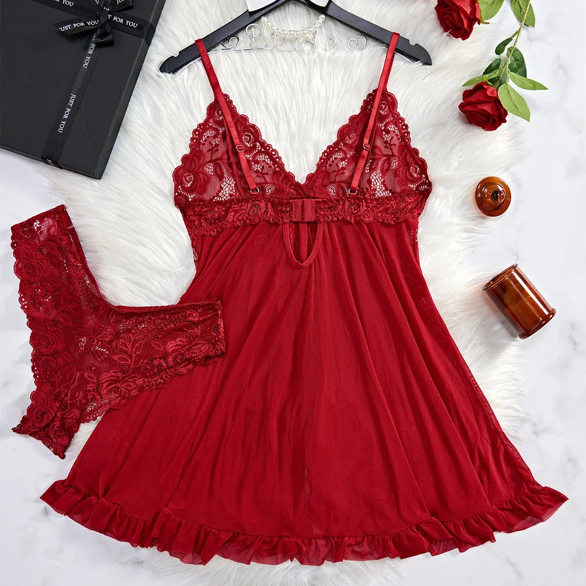 Exquisite Tulle Suspenders Lace Lingerie Set Nightgown