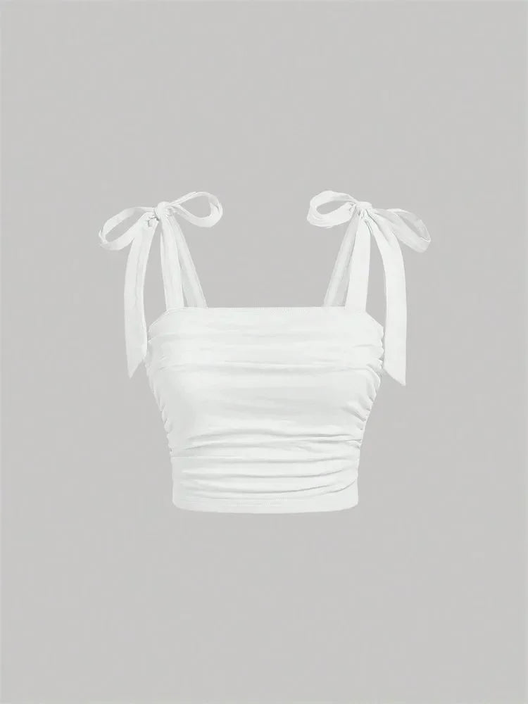 Solid Tie Shoulder Ruched Wide Strap Crop Top Pink Cami