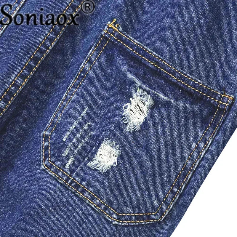 Casual Denim Jumpsuits For Women Ripped Pocket Suspenders