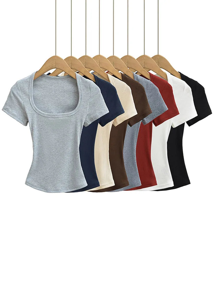 Summer Square Neck High Elasticity Crop Top Women Slim Fit