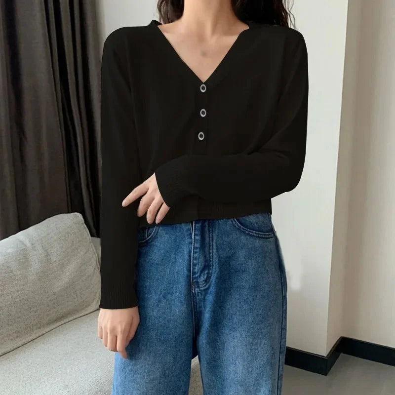 Women's Long Sleeve Cropped V Neck Cardigan Knit Sweater