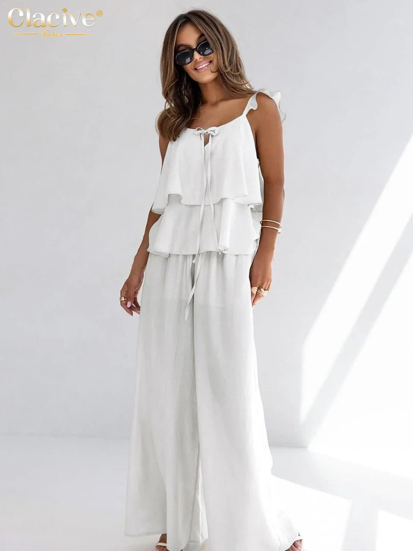 Clacive White Cotton Sleeveless Two Piece Set High Waist