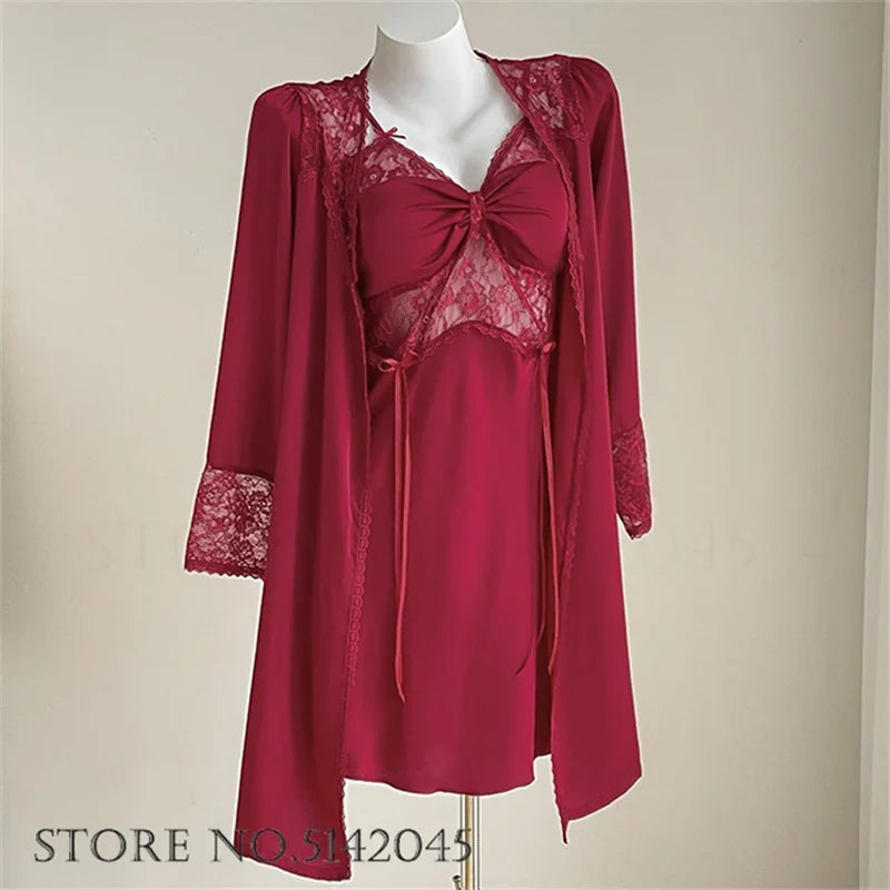 Temptation Lace Nightgown And Robe Set Satin Sleepwear
