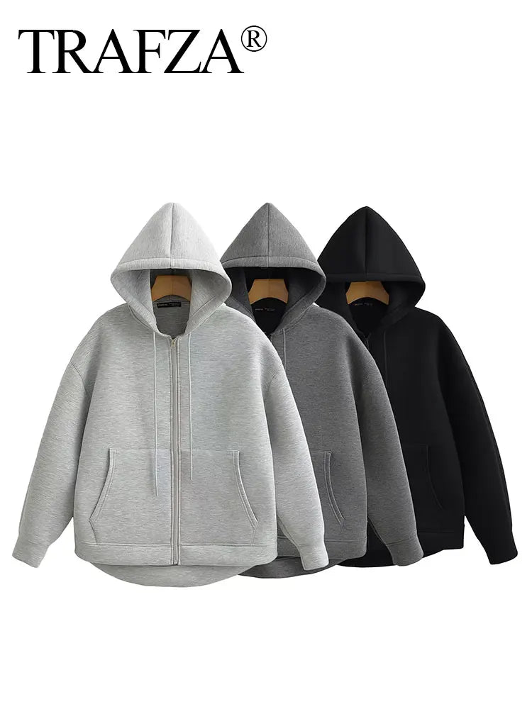 Trafza Autumn Gray Hooded Jacket For Women With Big Pockets