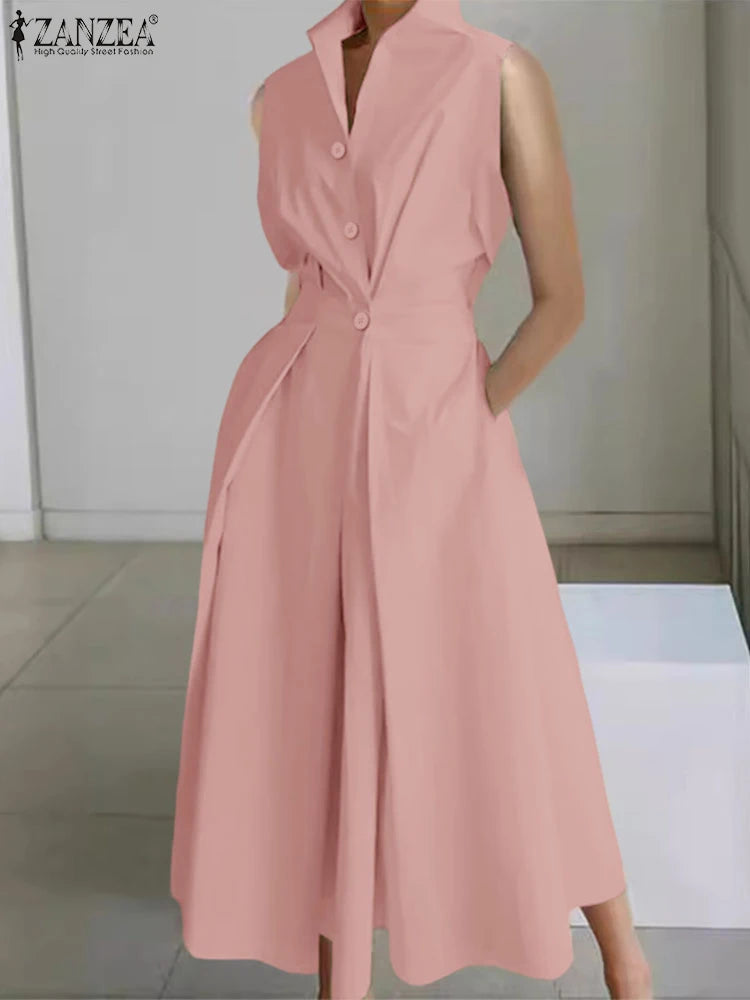 Women High Waist Midi Shirt Dress in Polyester Short Sleeve