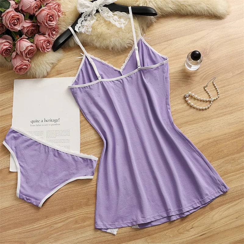 Women Cotton Pajama Set Two Piece Nightdress Bow Sleepwear