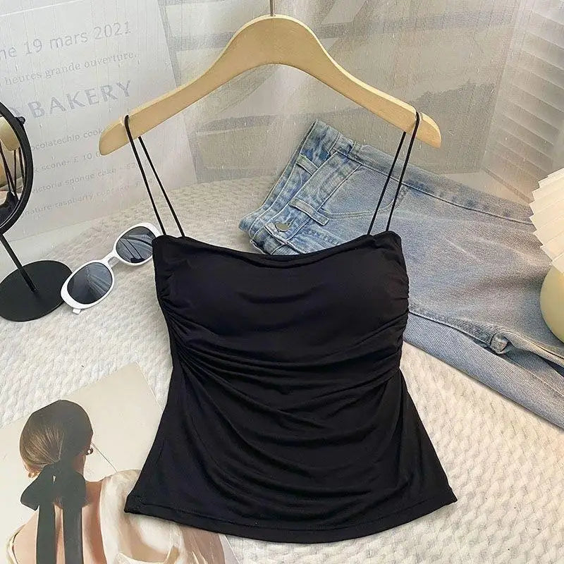 Women Summer Camisole Tank Built In Bra Spaghetti Straps