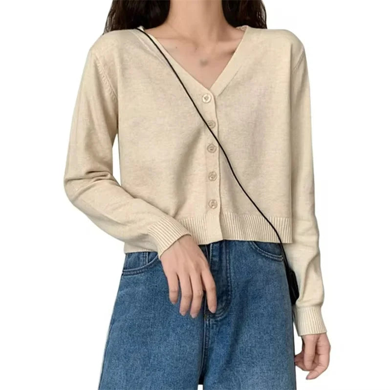 Women's Long Sleeve Cropped V Neck Cardigan Knit Sweater