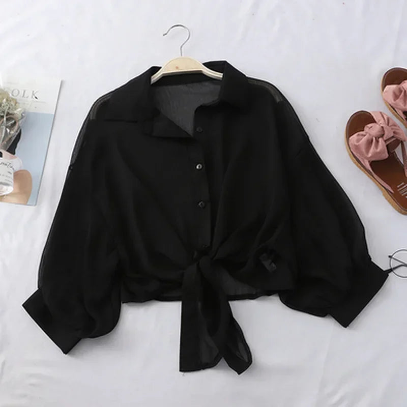 Casual White Chiffon Blouse Tie Waist Bat Sleeve Shirt