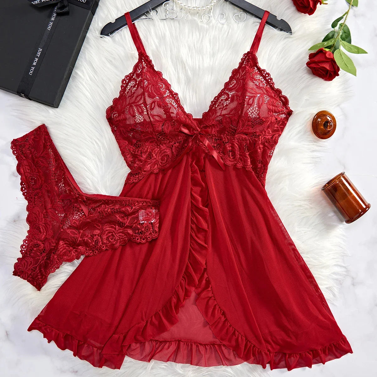Exquisite Tulle Suspenders Lace Lingerie Set Nightgown