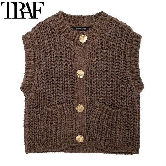 HXAO Womens Sleeveless Brown Knit Vest Cropped Preppy Style