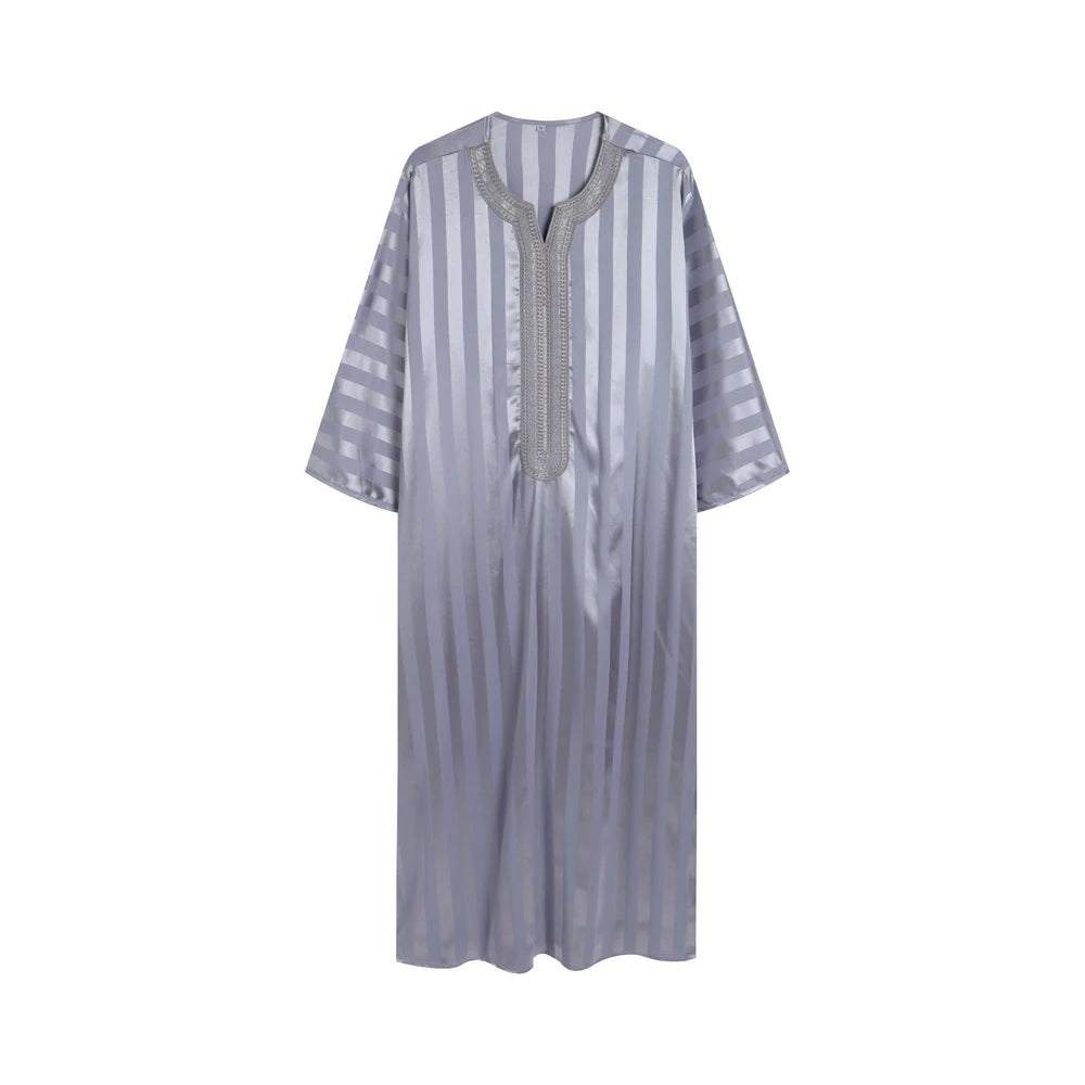 Vintage Loose Muslim Robe Short Sleeve Jubba Thobe Striped