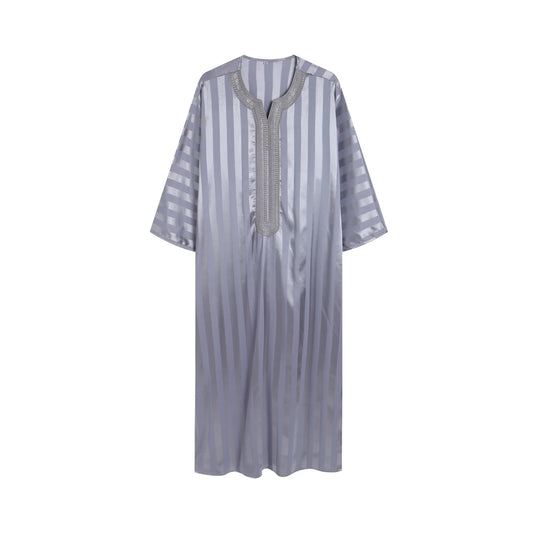 Vintage Loose Muslim Robe Short Sleeve Jubba Thobe Striped