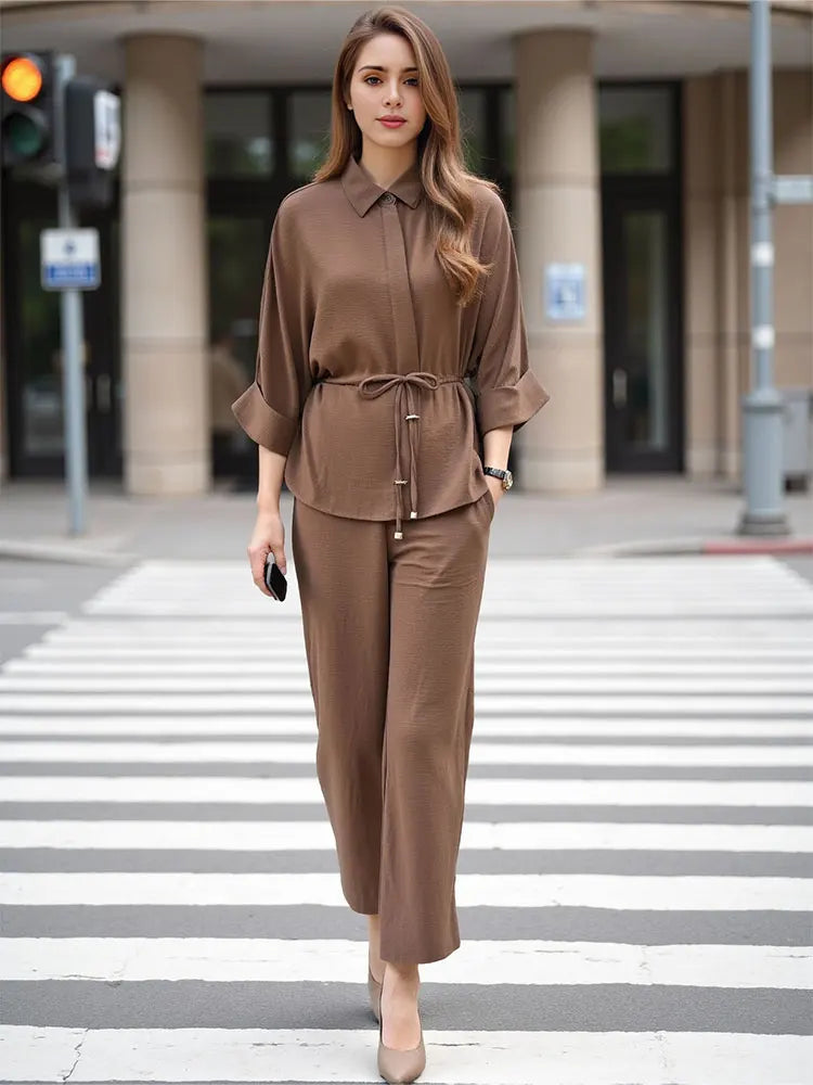 Trafza Women Kimono Style Blouse and Pants Set Long Sleeve