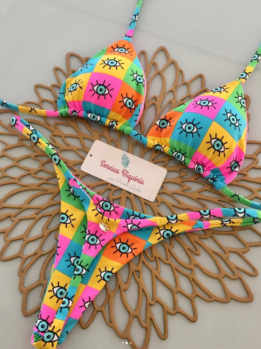 2025 Sexy Retro Print Micro Bikini Lace Up Backless Women