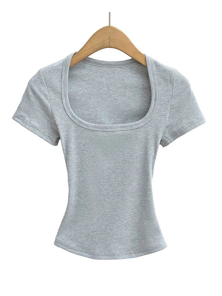 Summer Square Neck High Elasticity Crop Top Women Slim Fit