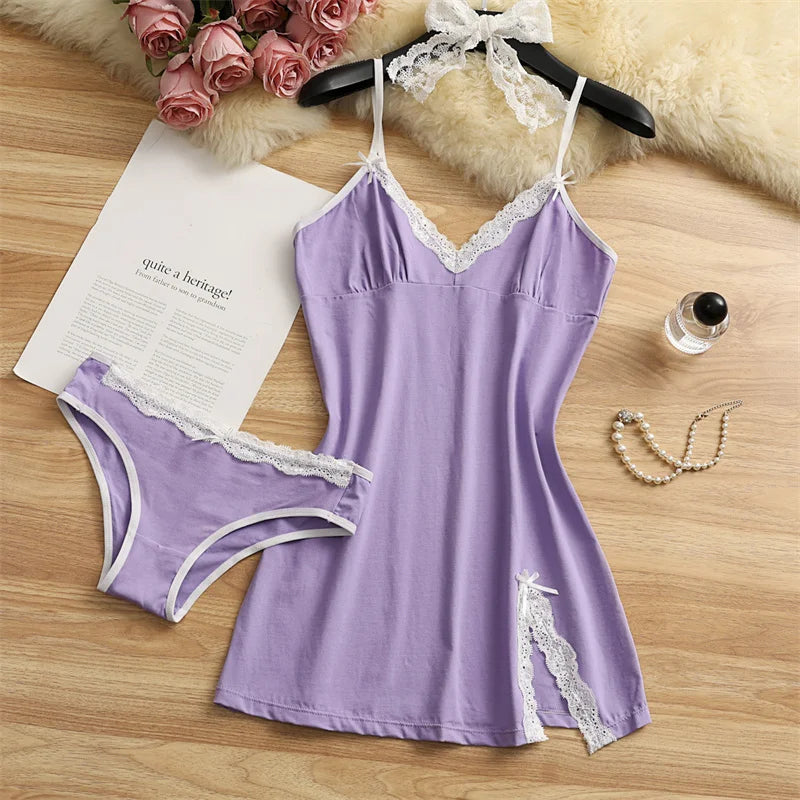 Women Cotton Pajama Set Two Piece Nightdress Bow Sleepwear