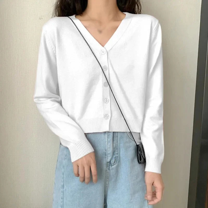 Women's Long Sleeve Cropped V Neck Cardigan Knit Sweater