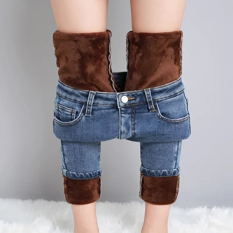 Women Thermal Skinny Jeans Winter Warm Fleece Denim Pants